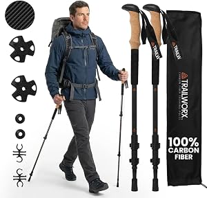 TRAILWORX 3K Carbon Fiber Trekking Poles, Collapsible Set of 2 Lightweight Adjustable Hiki